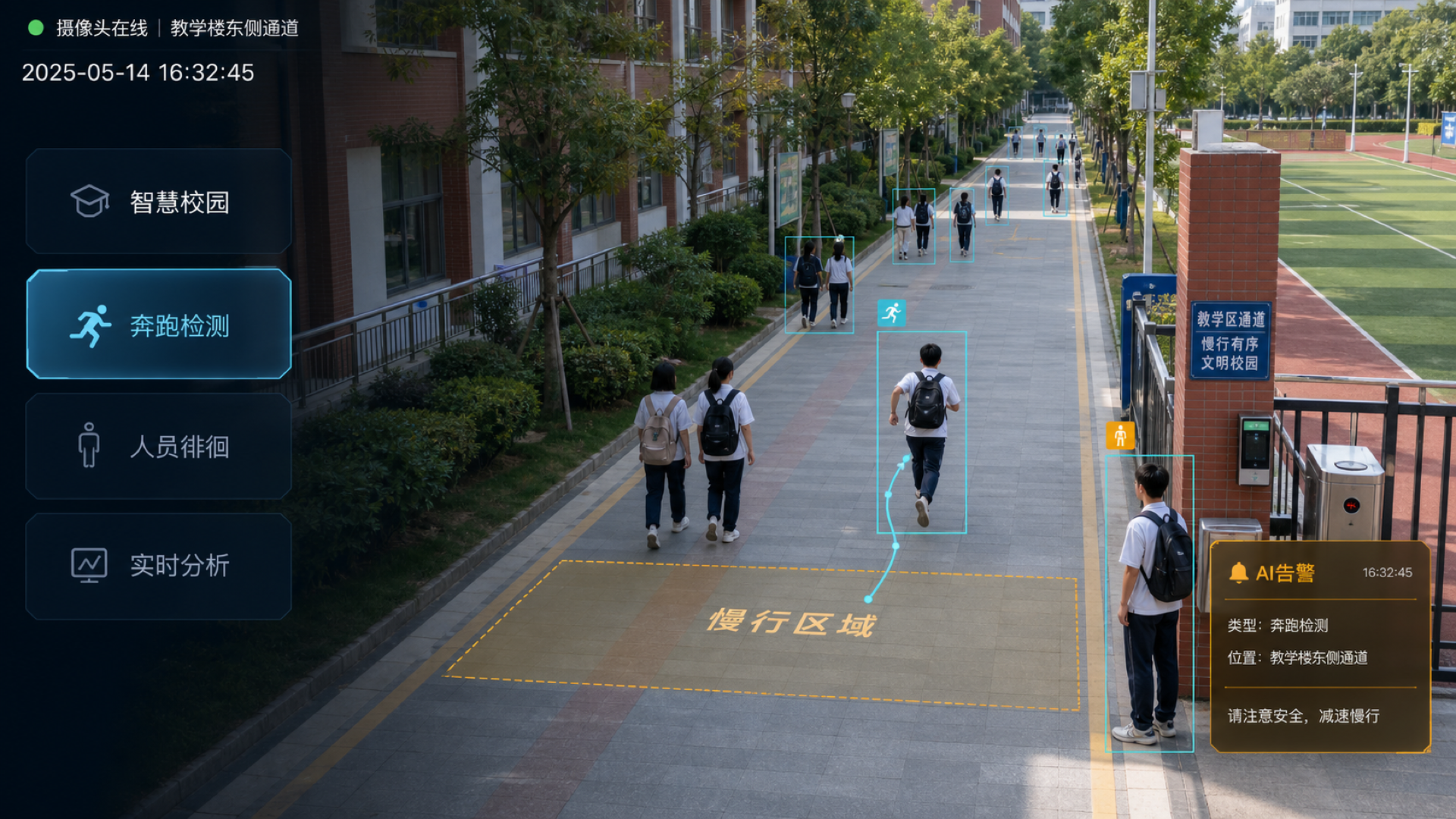 智慧校园奔跑检测与人员徘徊分析画面