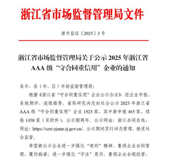 喜报！ 公司再度荣获 2025 年浙江省 AAA 级 “守合同重信用” 企业称号