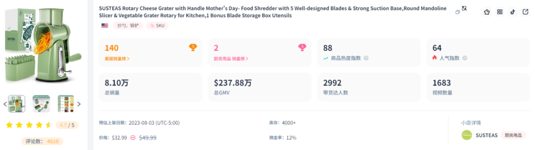 TikTok厨房风云:SUSTEAS奶酪刨刀凭啥月销138万美金?