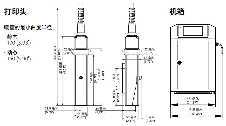 马肯依玛士9450S小字符喷码机，机器尺寸及安装