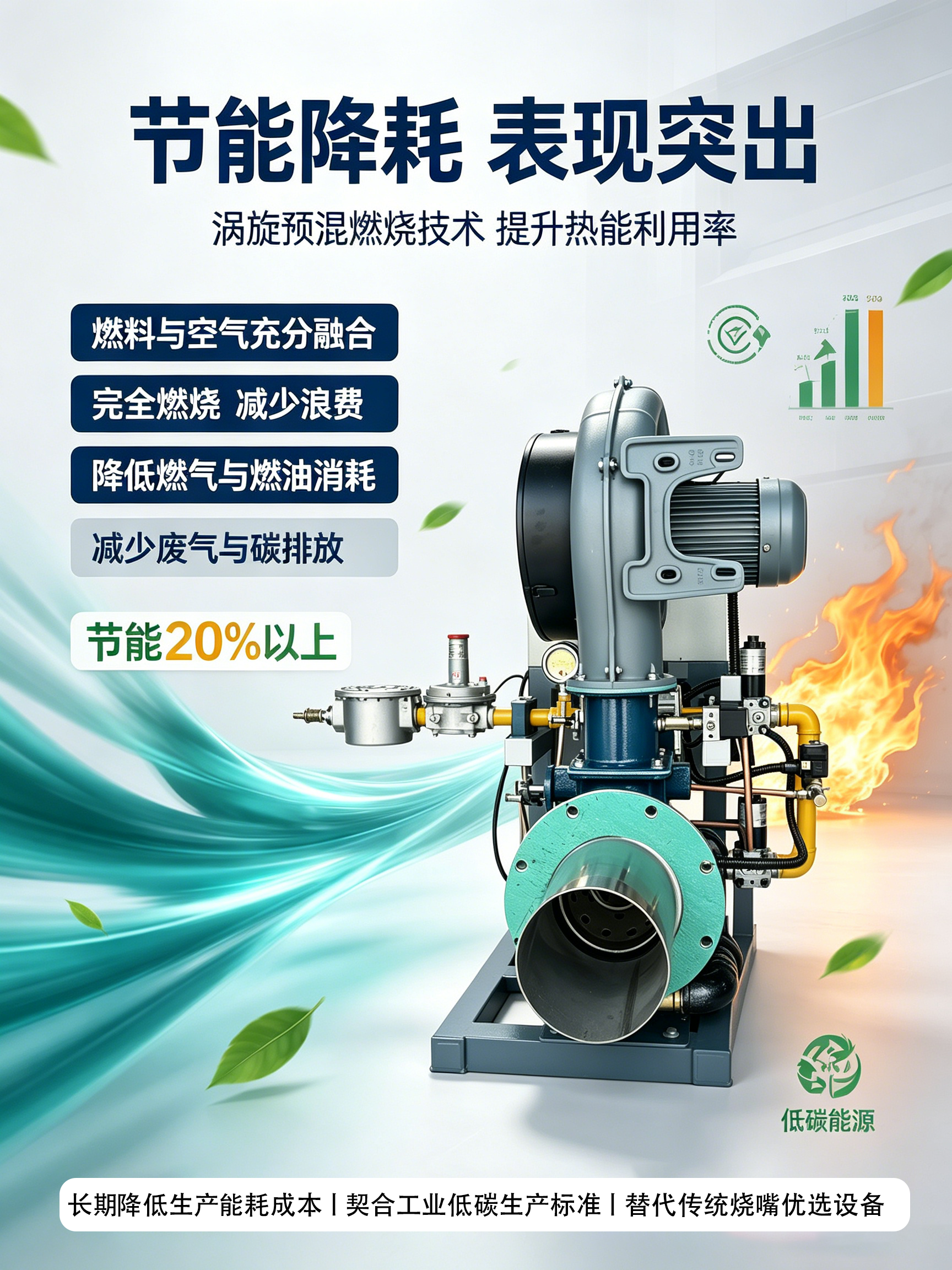 节能降耗方面，涡喷热风烧嘴优势尤为突出。其涡旋预混燃烧技术可让燃料与空气充分融合，实现完全燃烧，彻底解决传统烧嘴燃烧不充分、燃料浪费的问题。有效提升热能利用率，大幅降低燃气、燃油消耗，减少废气与碳排放量，相较于传统设备可节能20%以上，帮助企业长期缩减生产能耗成本，契合工业低碳生产标准。