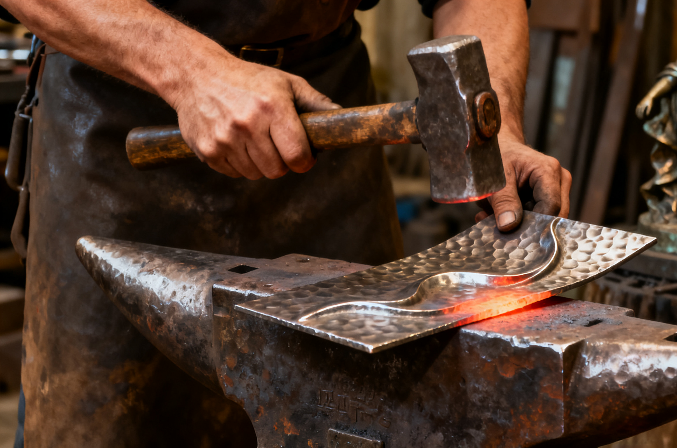 锻打金属（铜、不锈钢）塑造肌理感，适配复古风格雕塑、文化符号装置。