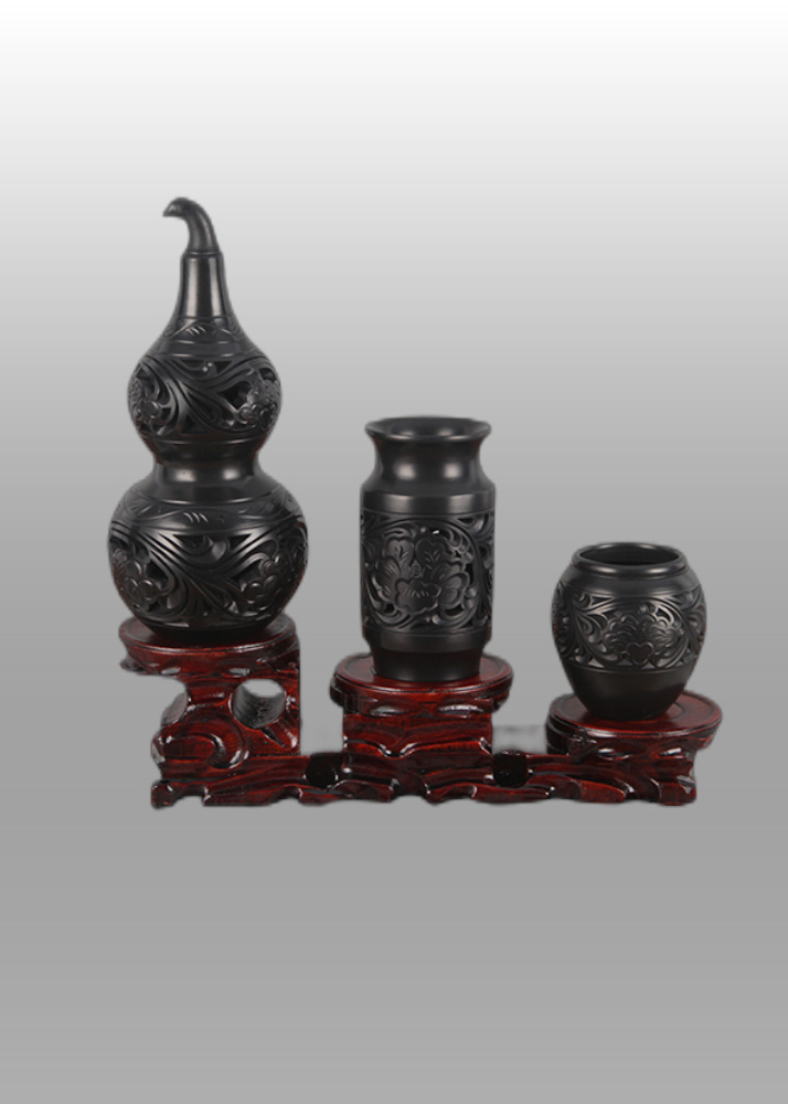 龙山黑陶步步高升葫芦礼盒工艺品