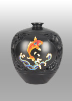 龙山黑陶景泰蓝团圆罐