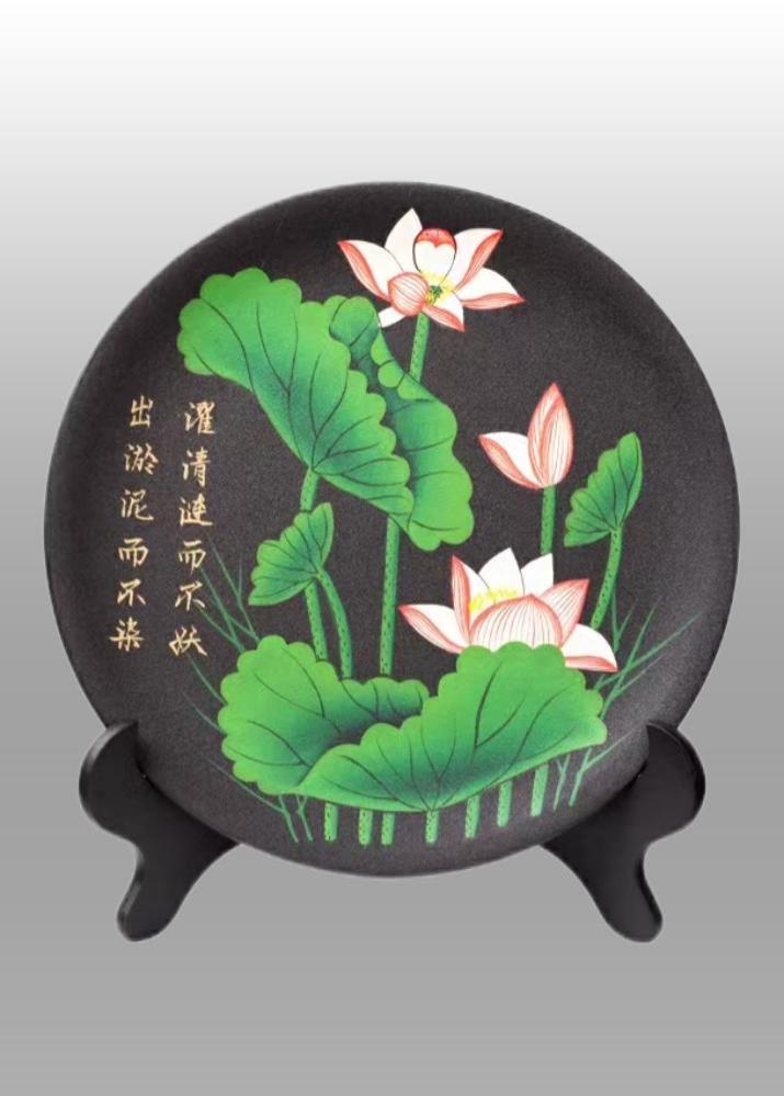 荷花陶盘