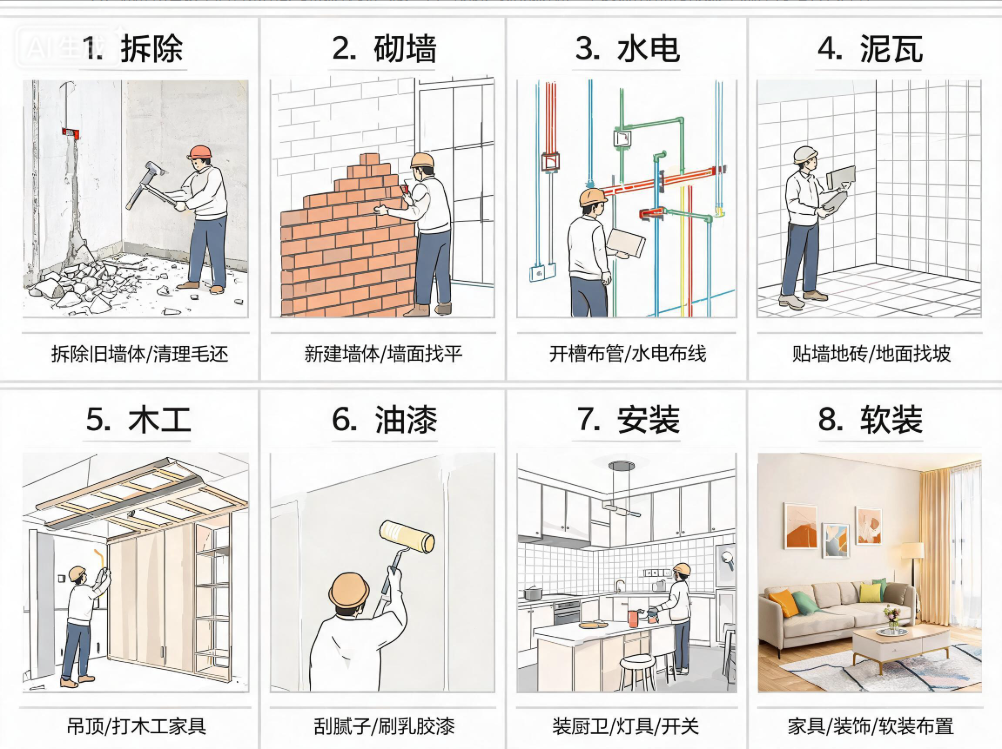 一张图看懂毛坯房装修全流程:拆除→砌墙→水电→泥瓦→木工→油漆→安装→软装